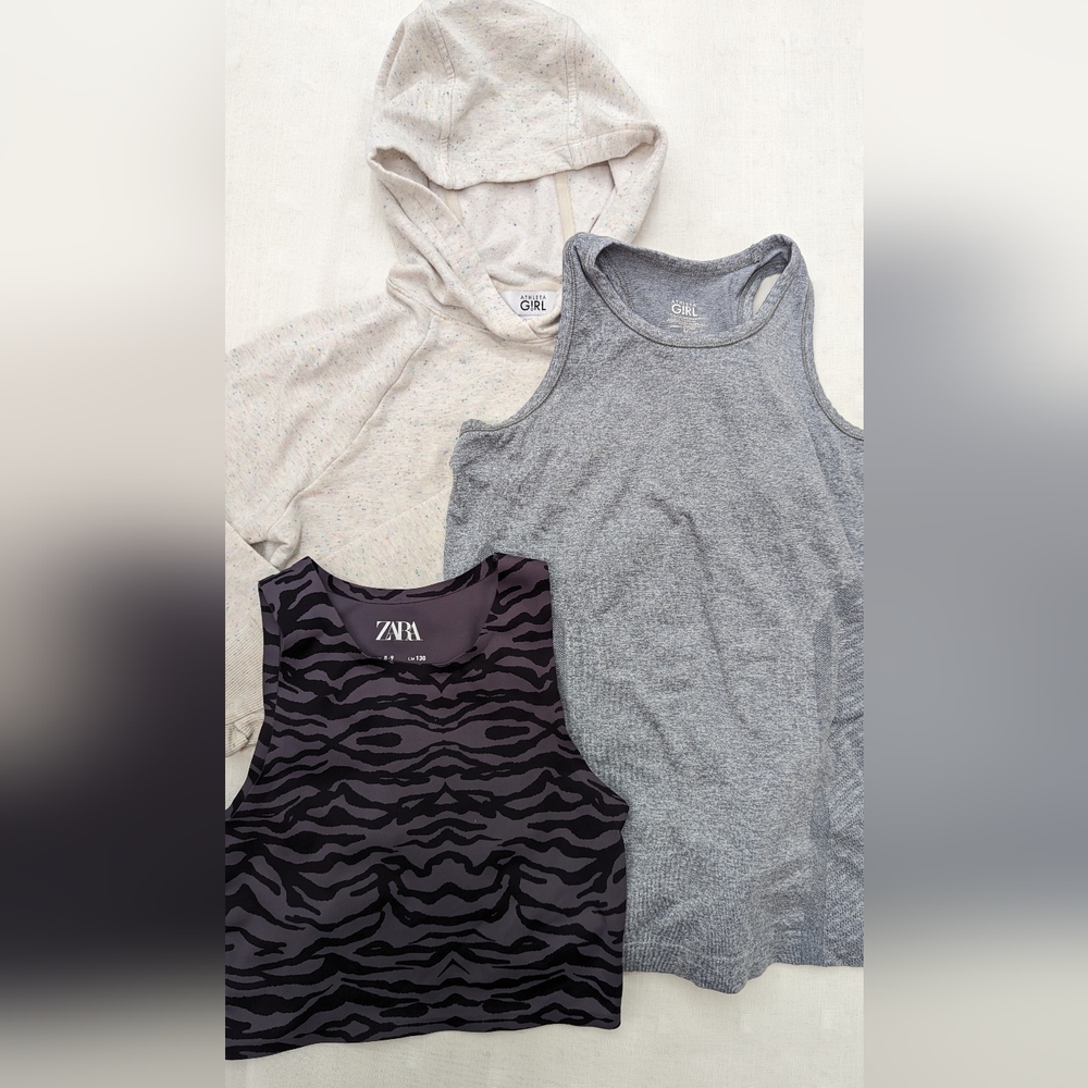 Athleta/Zara Girl Bundle 8/9 and L12 Hoodie, Sleeveless workout tops